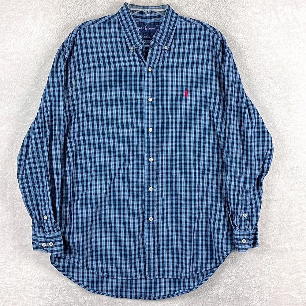 VTG Ralph Lauren Shirt Men L Blake Blue Plaid Red Pony Preppy Heritage 90s